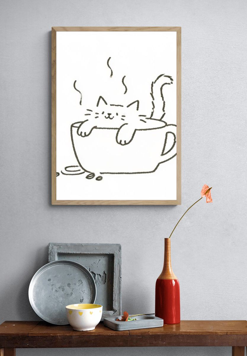 Cat in Coffee Cup Illustration Print. — room view 3