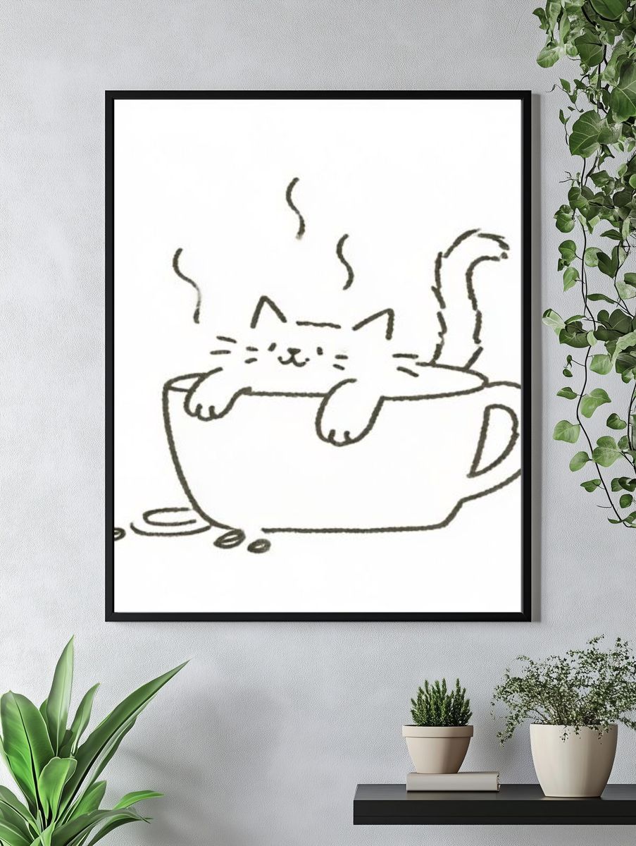 Cat in Coffee Cup Illustration Print. — room view 4