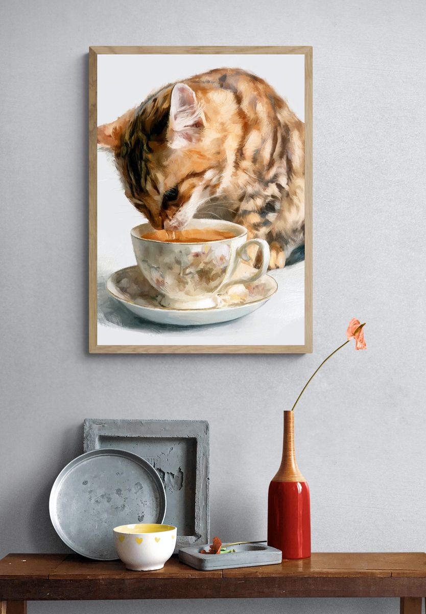 Cat and Teacup Illustration Poster. — room view 3