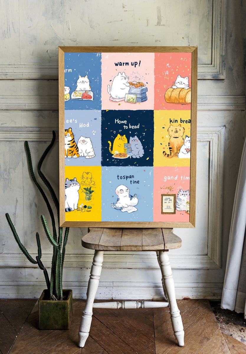 Cute Cats Snack Time Illustration Poster. room preview