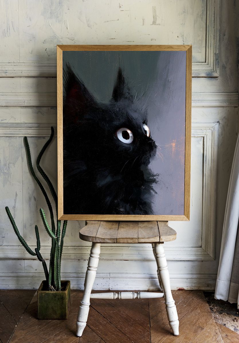 Black Cat Portrait Illustration Poster. — room view 1