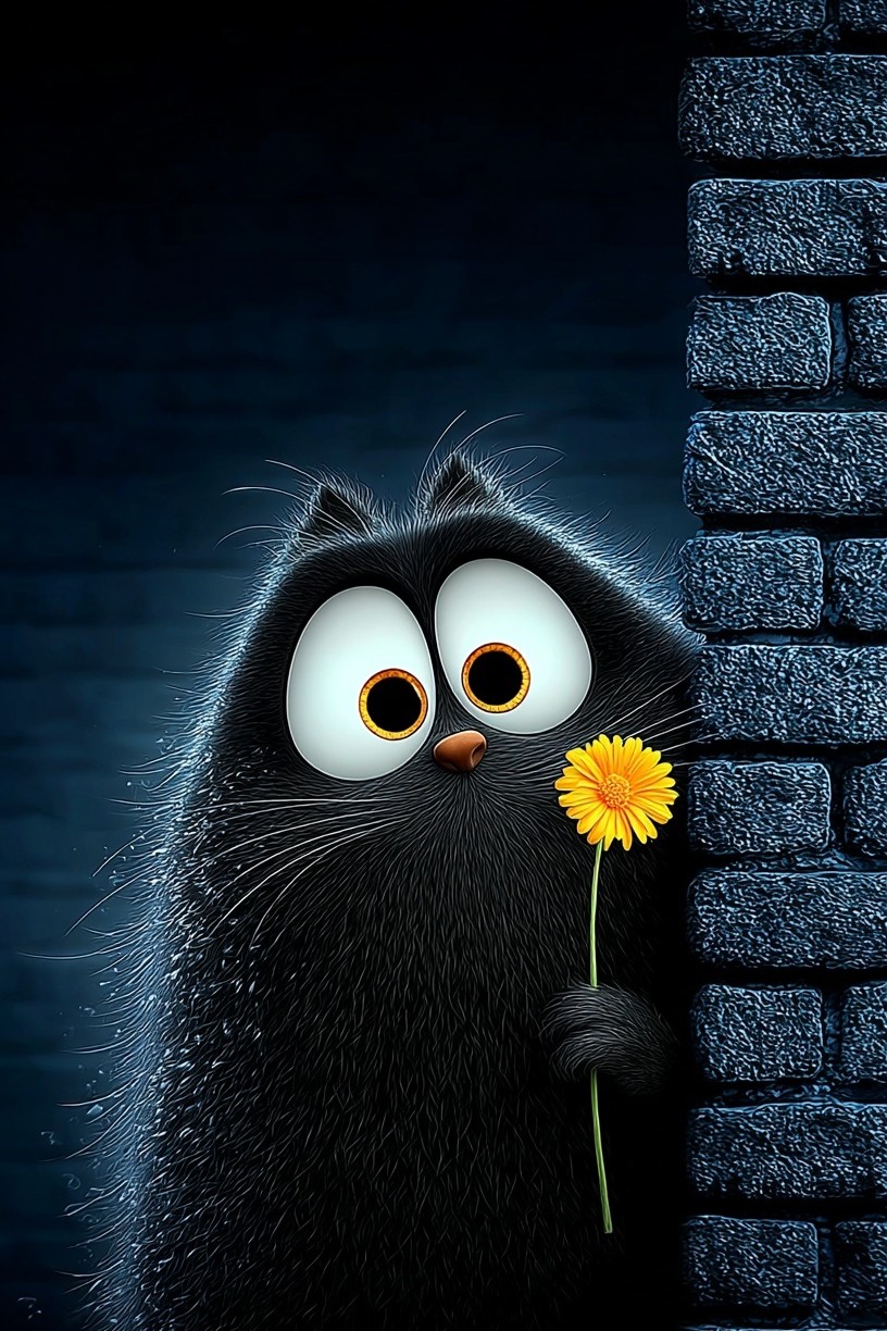 Cute Black Cat with Flower — Illustration Print. poster — illustration art