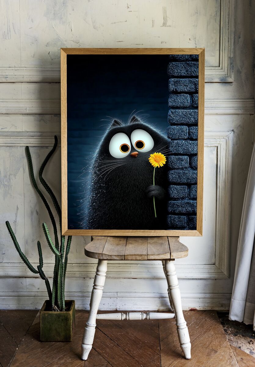 Cute Black Cat with Flower — Illustration Print. room preview