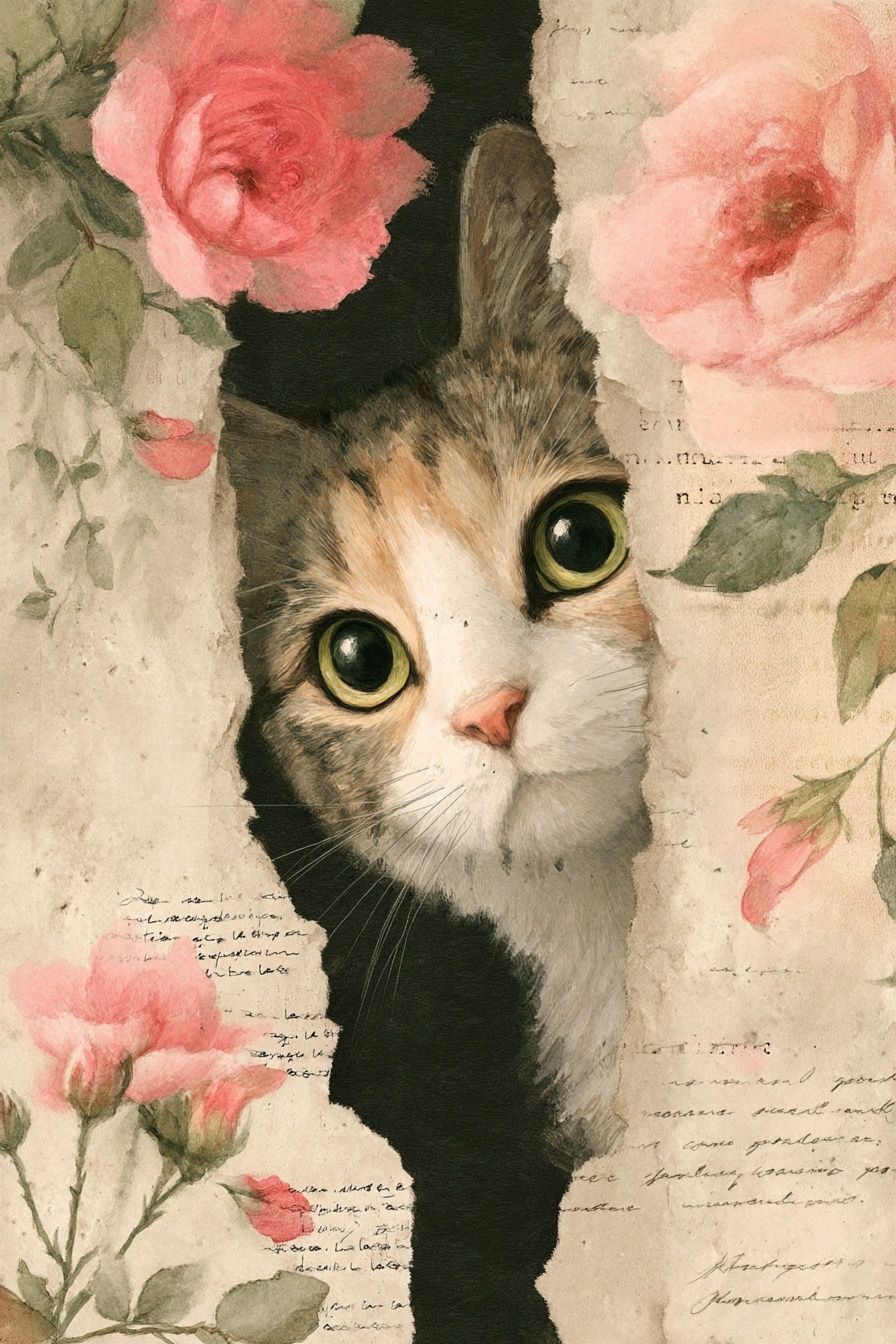 Curious Cat with Roses — Art Print. poster detail