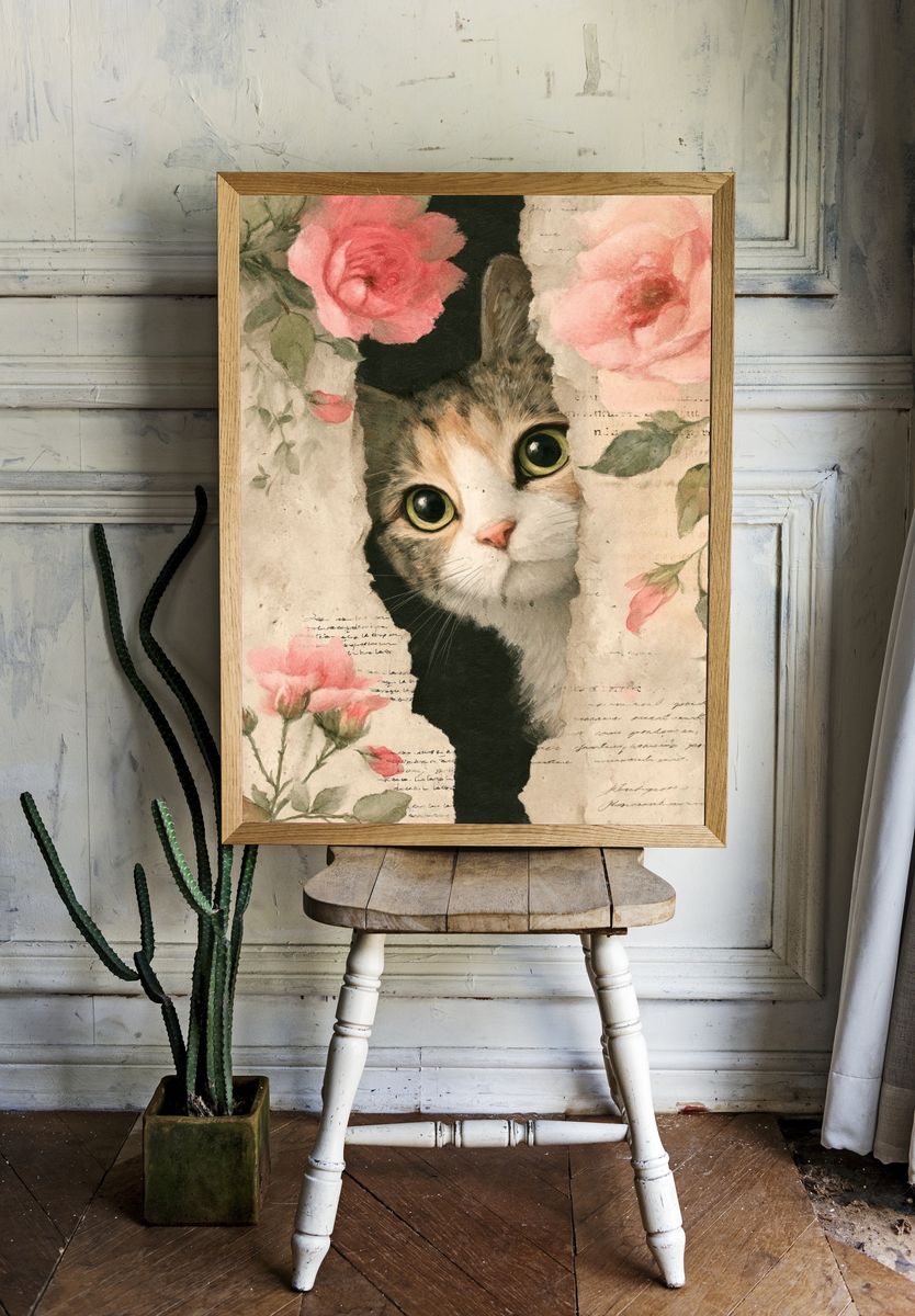 Curious Cat with Roses — Art Print room preview