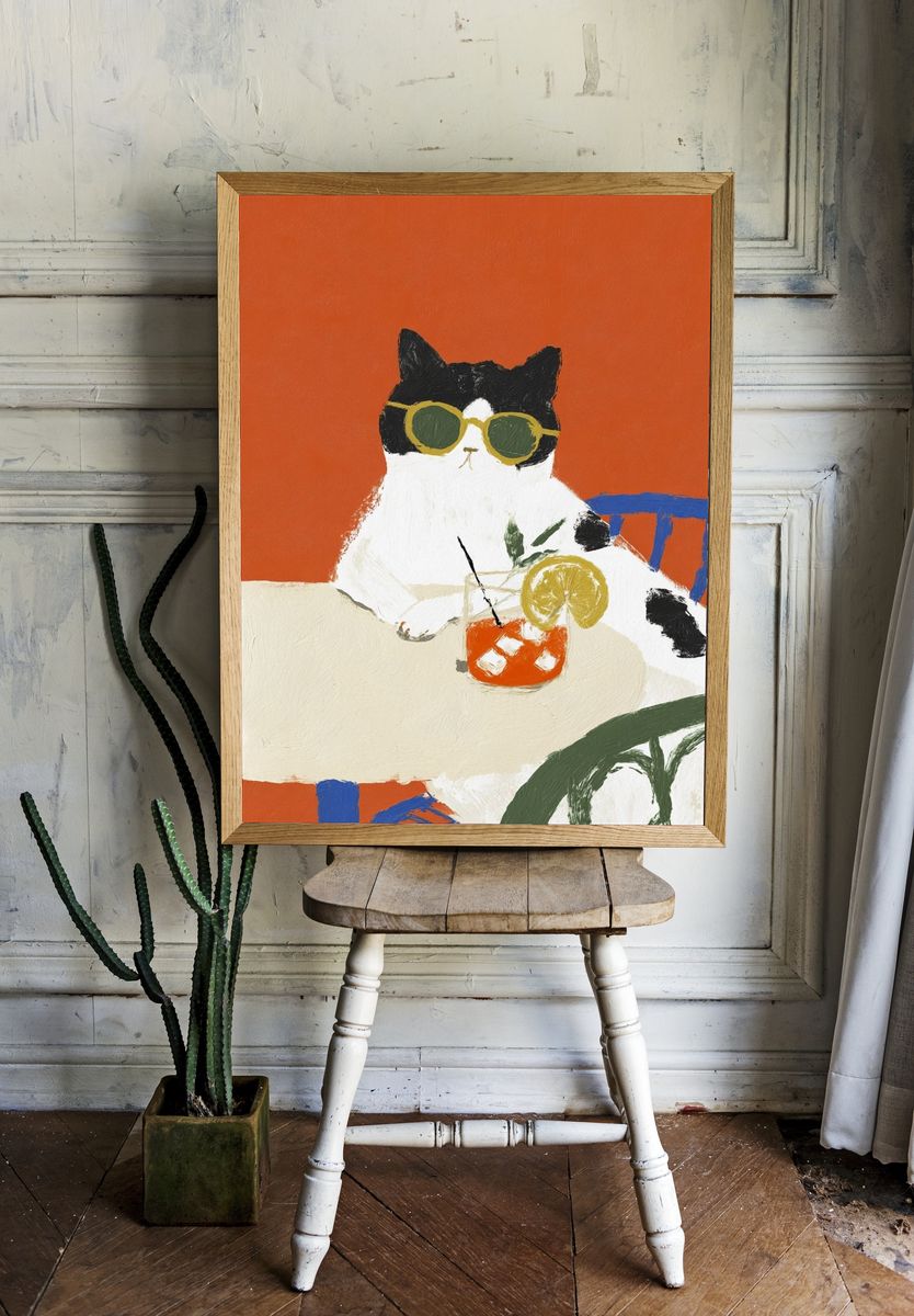 Cool Cat with Drink — Illustration Print. room preview