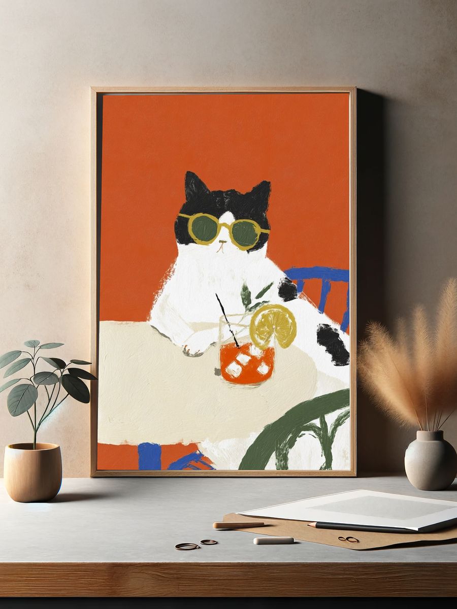 Cool Cat with Drink — Illustration Print. — room view 2