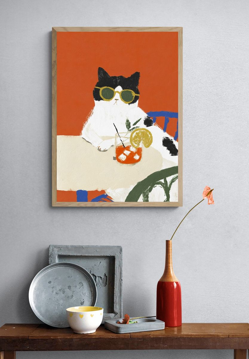 Cool Cat with Drink — Illustration Print. — room view 3