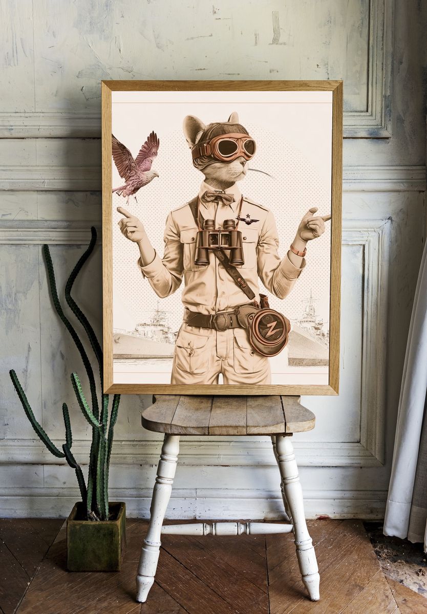 Steampunk Cat Aviator Print. room preview