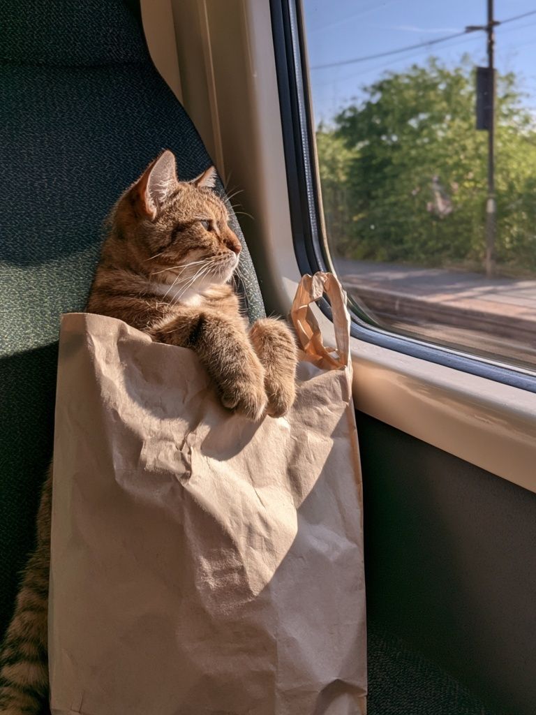 Cat on Train Seat Photography Poster. poster detail