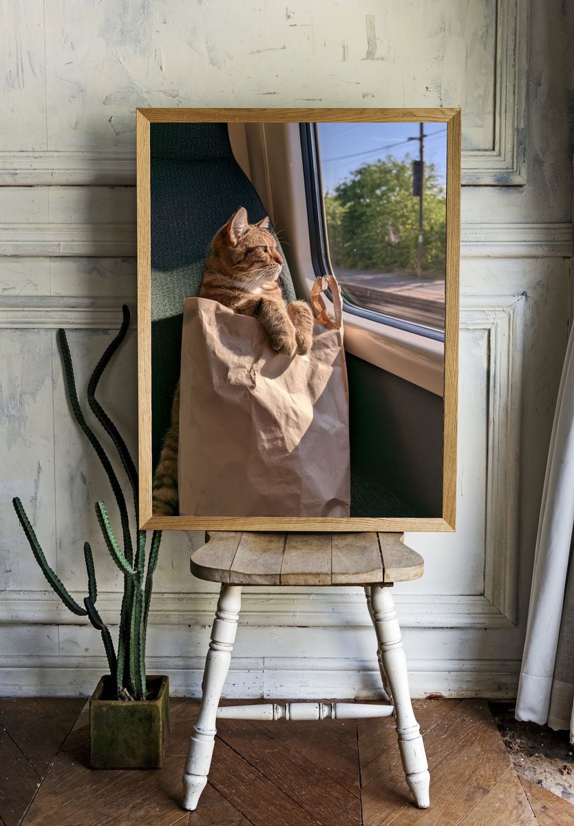 Cat on Train Seat Photography Poster. — room view 1