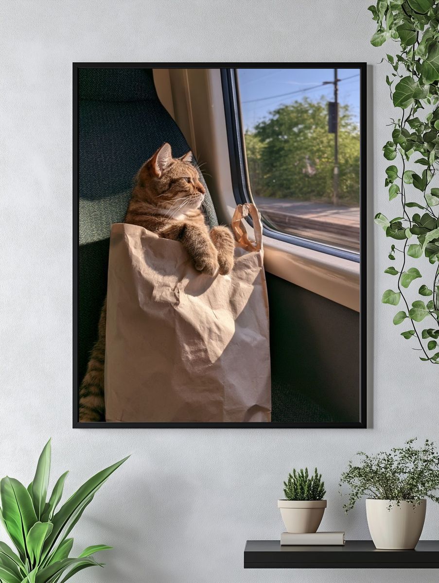 Cat on Train Seat Photography Poster. — room view 4