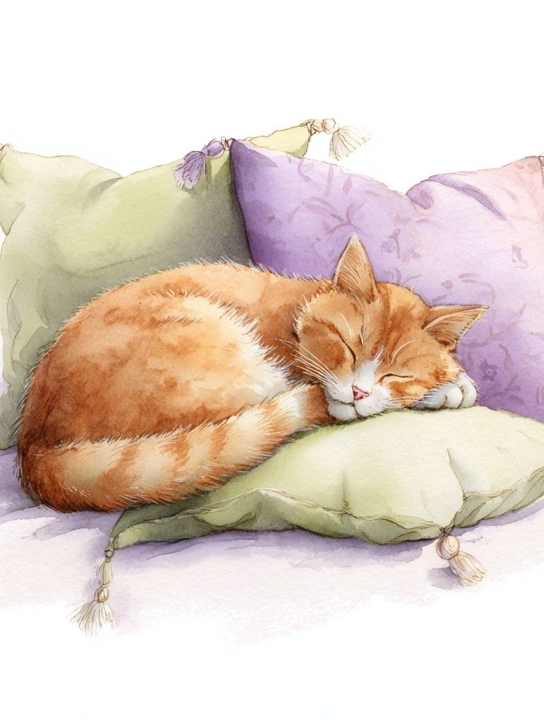 Sleeping Ginger Cat Watercolor Print. poster detail