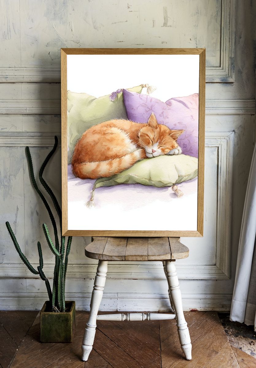 Sleeping Ginger Cat Watercolor Print room preview