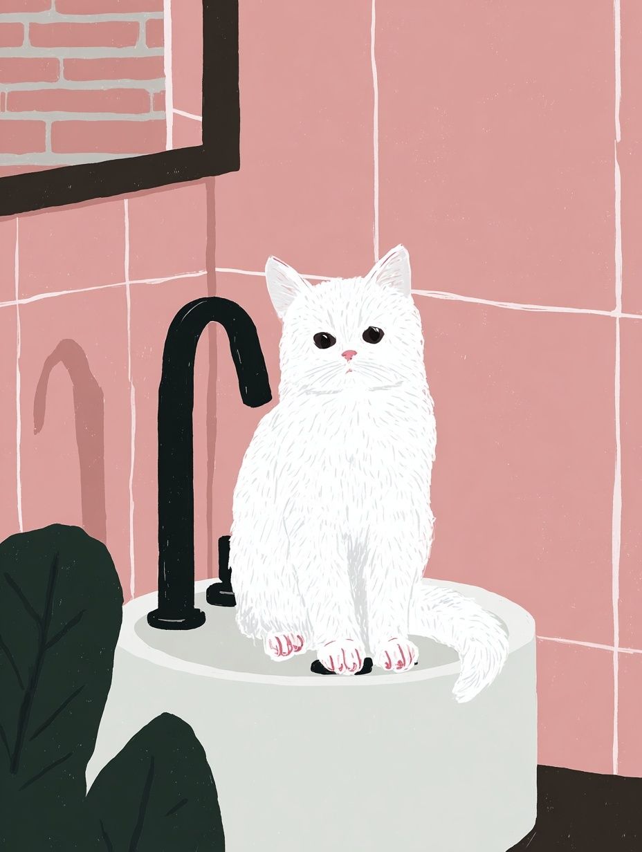 White Cat Bathroom Illustration Poster.