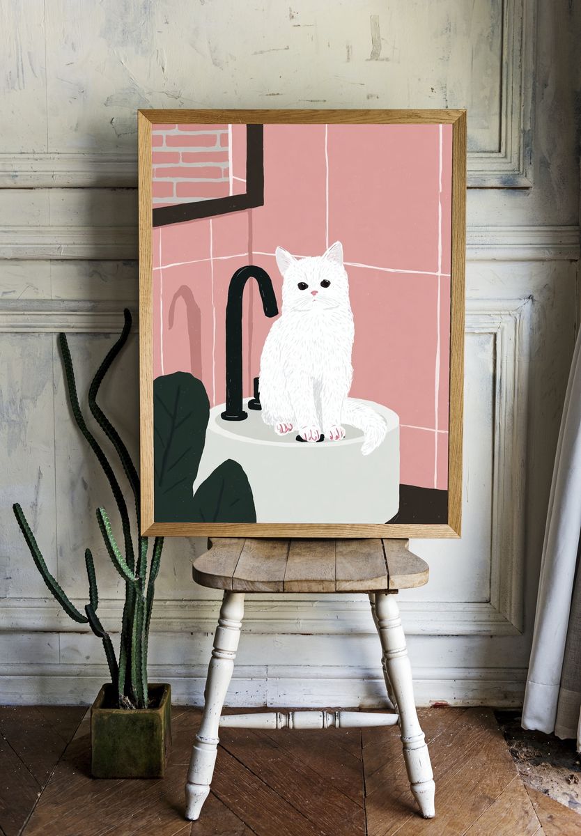 White Cat Bathroom Illustration Poster. — room view 1