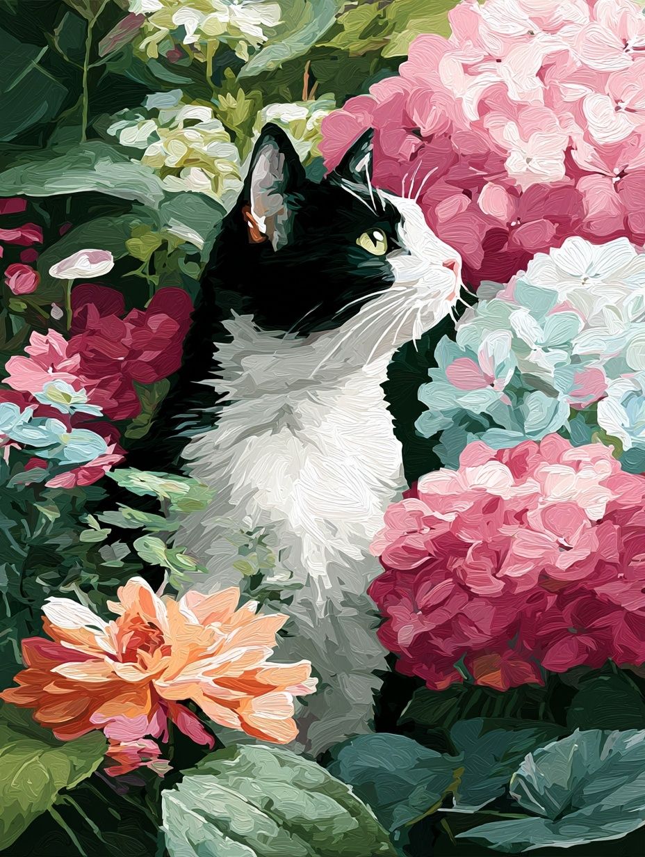 Cat Among Flowers — Illustration Print. poster — illustration art