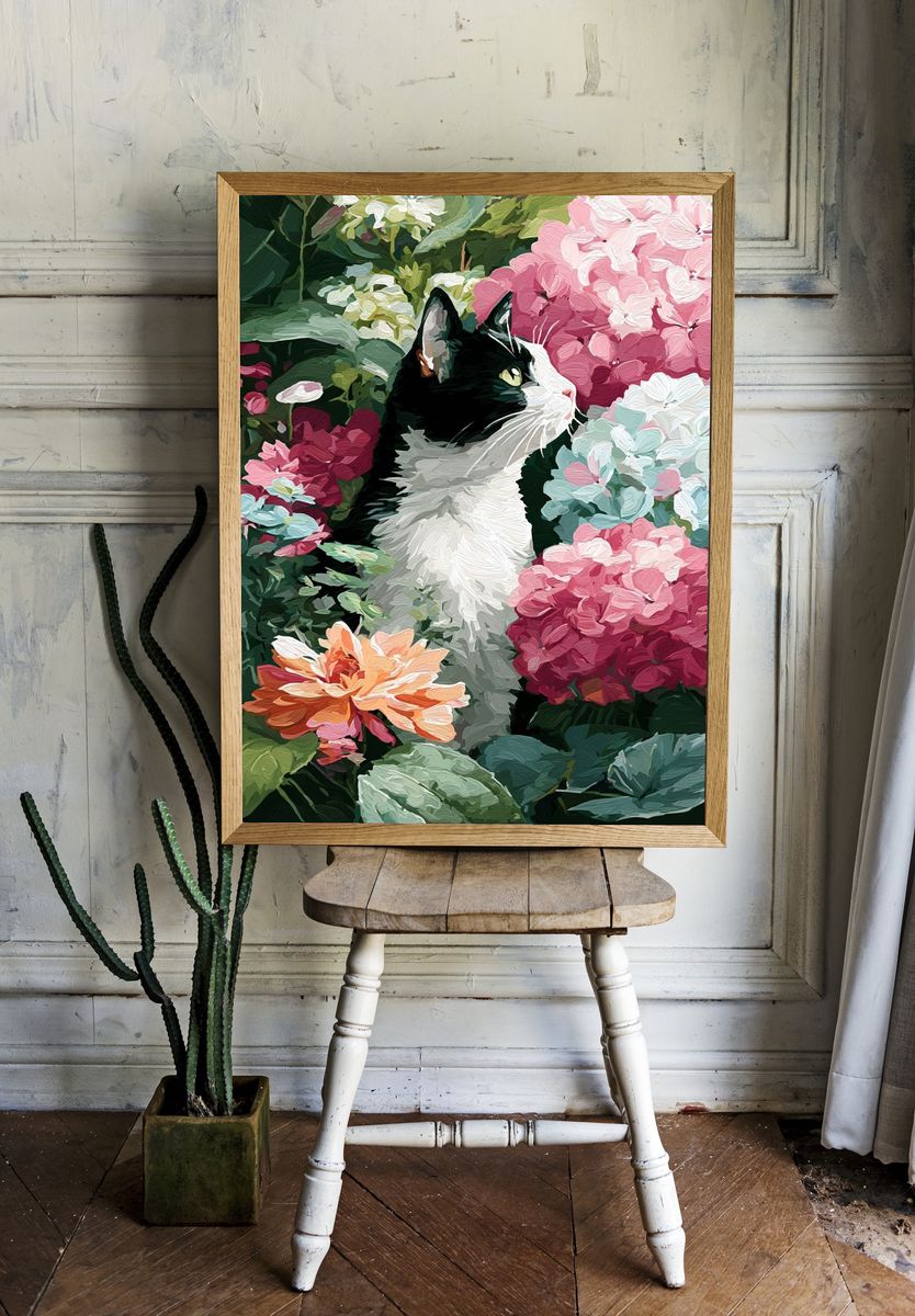 Cat Among Flowers — Illustration Print. — room view 1