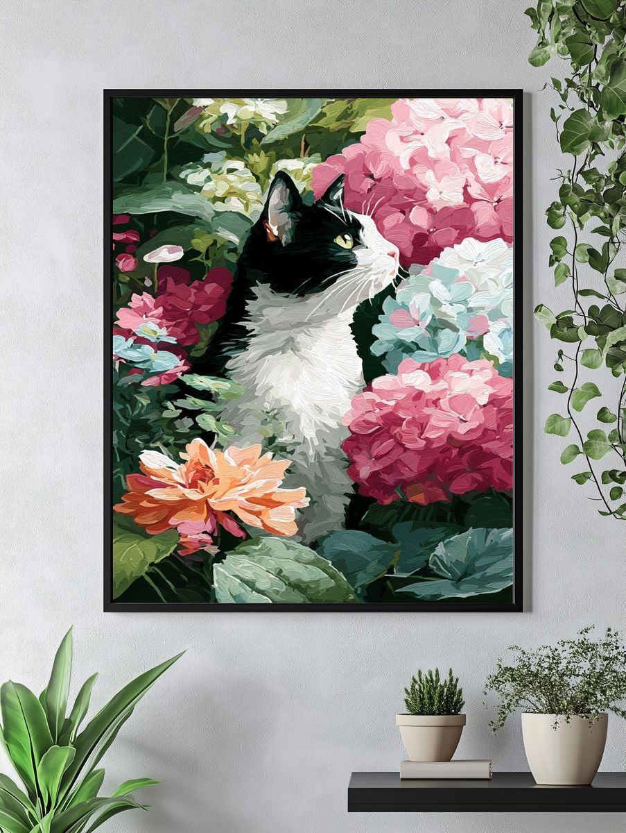Cat Among Flowers — Illustration Print. — room view 4