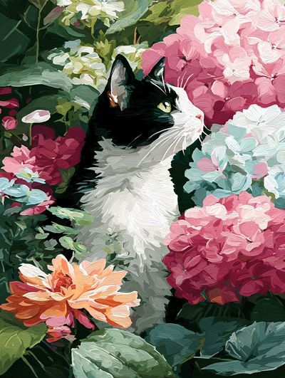Cat Among Flowers — Illustration Print. poster