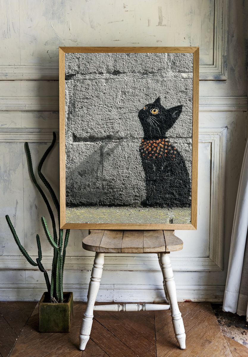 Black Cat with Orange Spots — Street Art Print. room preview