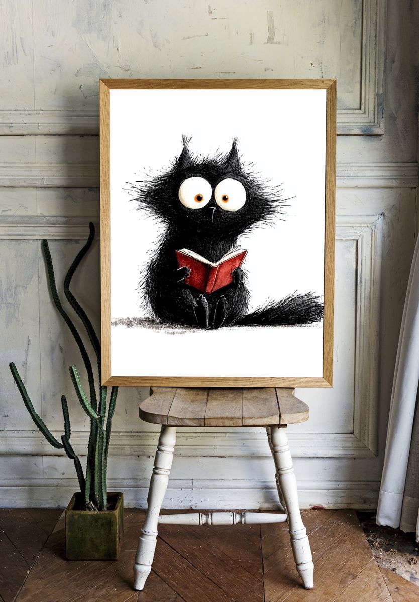 Reading Cat Illustration Poster. room preview