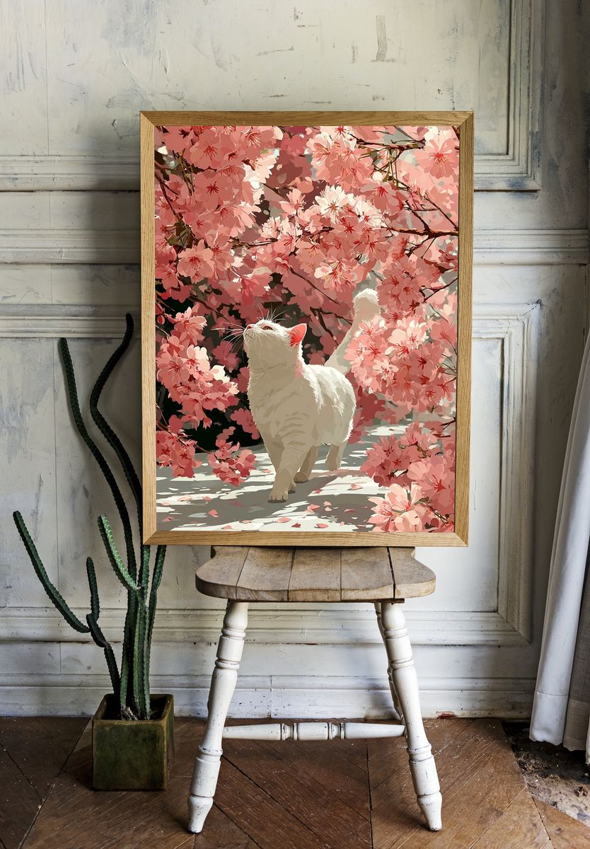 White Cat Among Cherry Blossoms — Illustration Print room preview