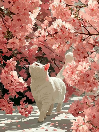 White Cat Among Cherry Blossoms — Illustration Print. poster