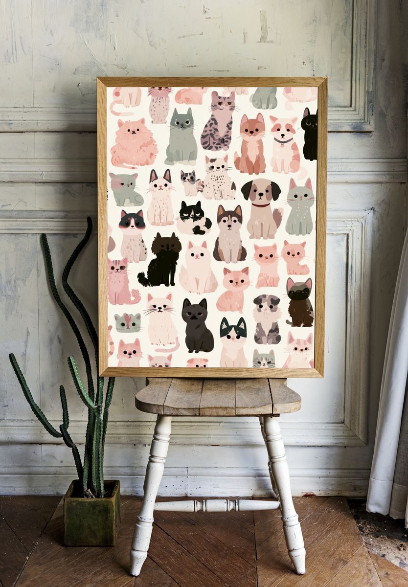 Cute Cats Pattern Illustration Poster. — room view 1