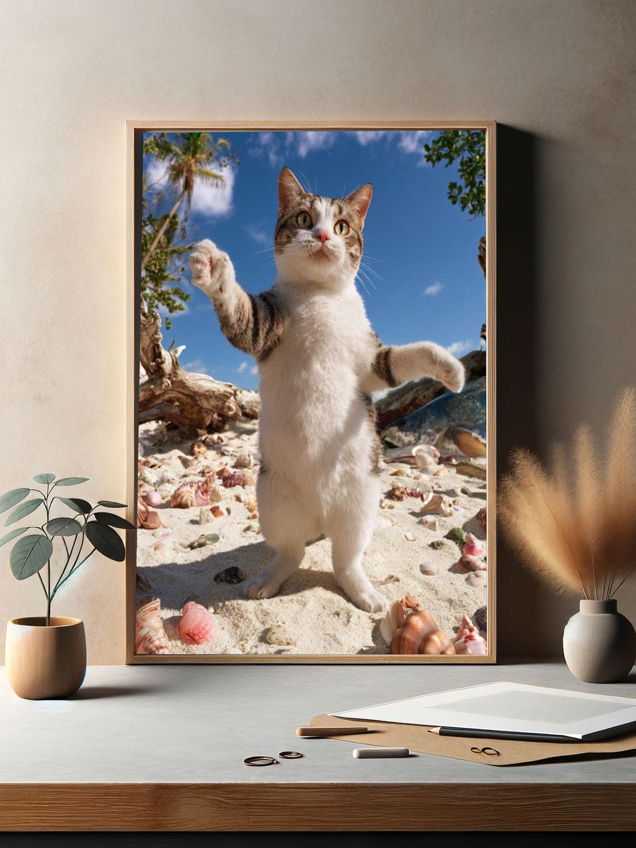 Playful Beach Cat Photography Poster. — room view 2