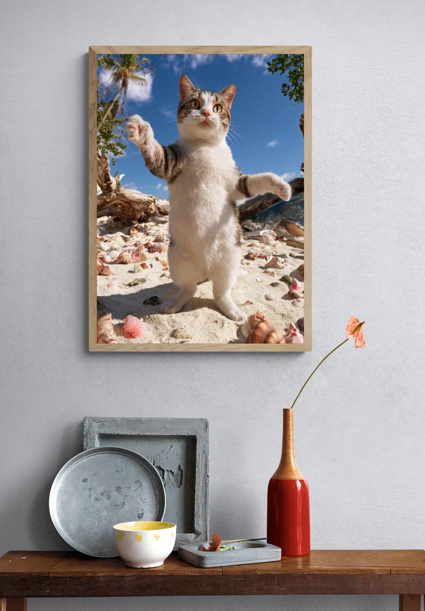 Playful Beach Cat Photography Poster. — room view 3