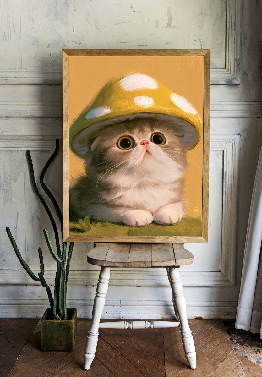 Mushroom Cat Illustration Poster. — room view 1