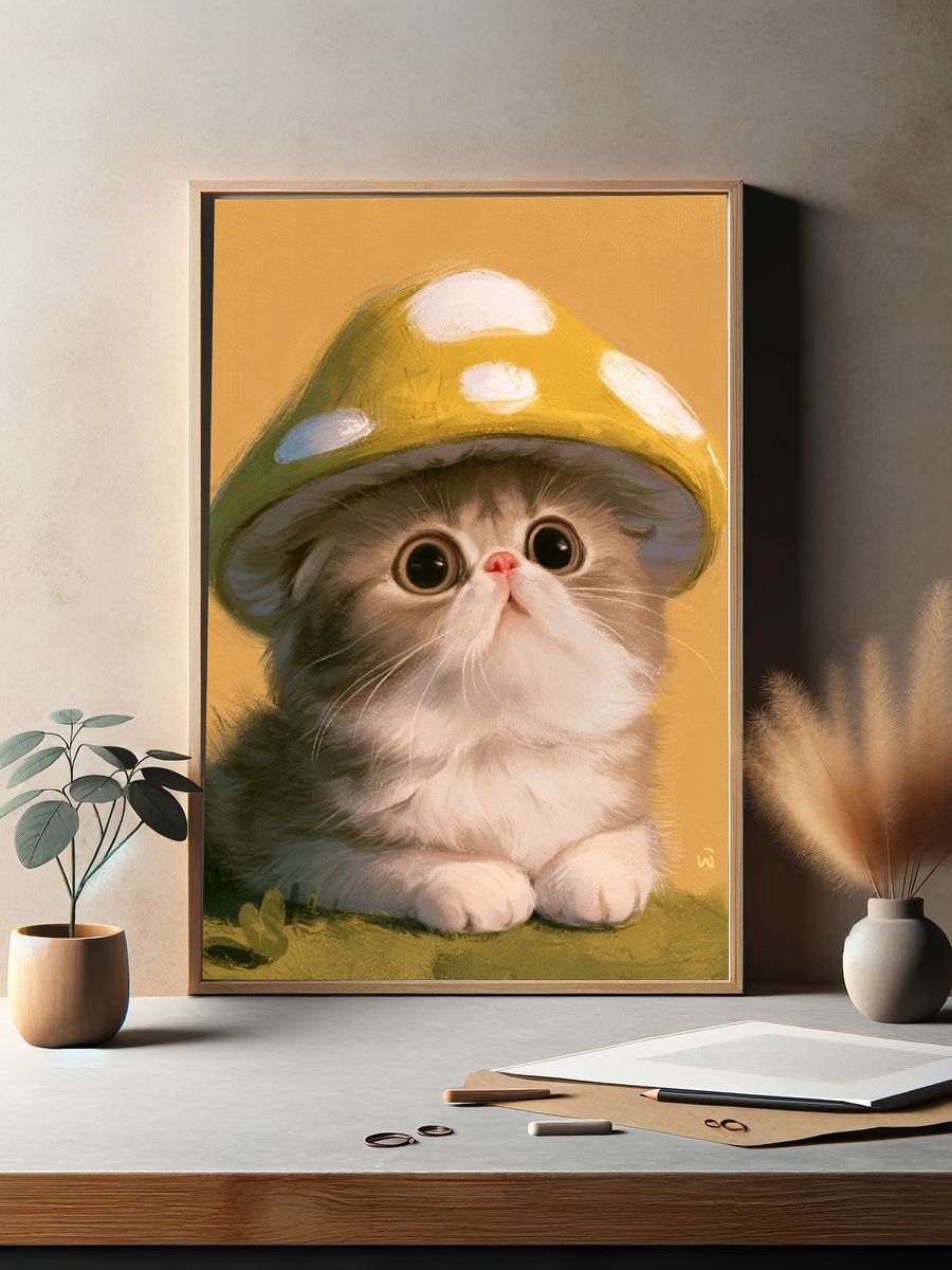 Mushroom Cat Illustration Poster. — room view 2