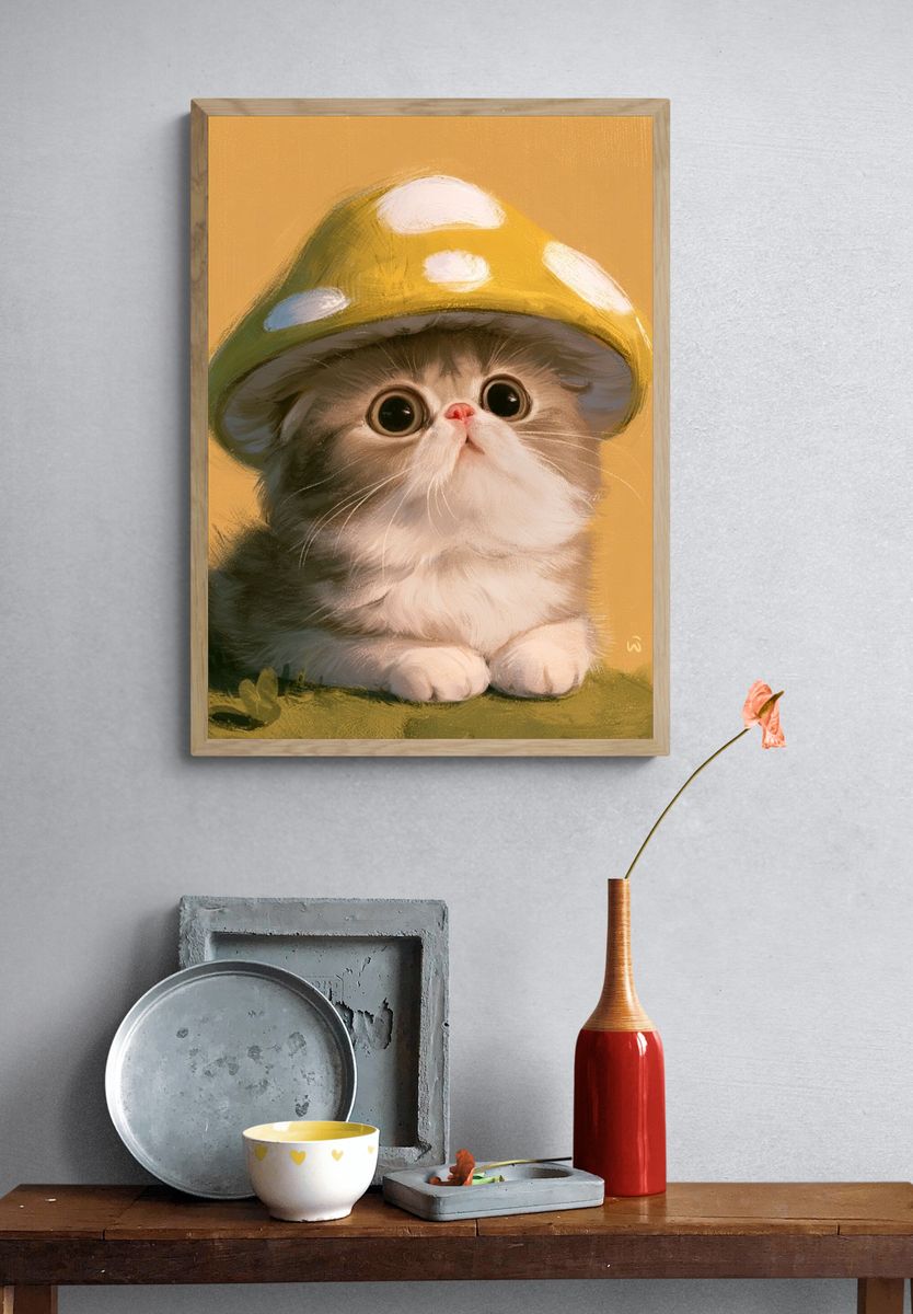 Mushroom Cat Illustration Poster. — room view 3
