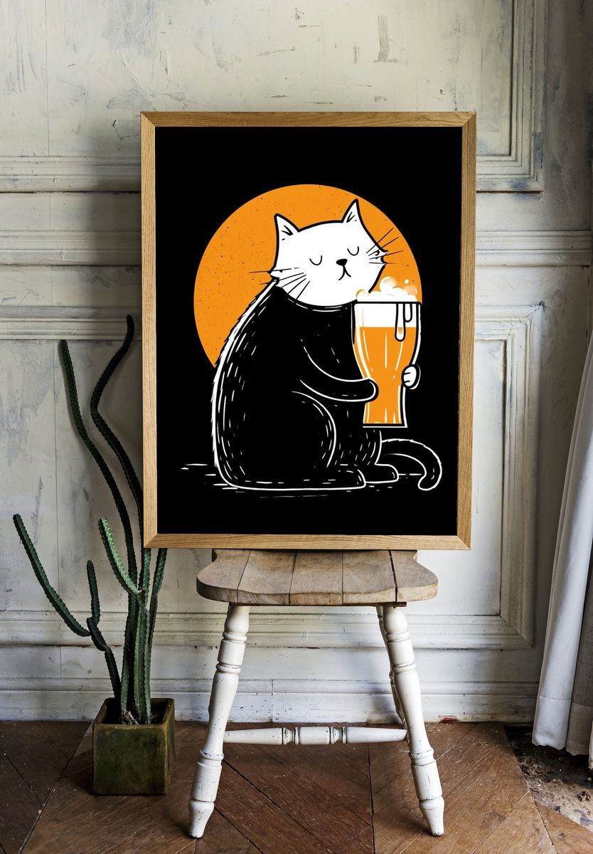 Cat Beer Illustration Poster. — room view 1