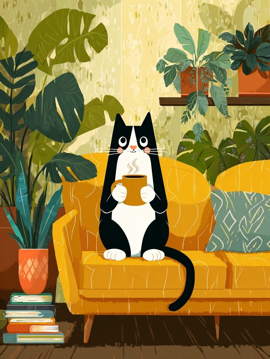 Cozy Cat with Coffee — Illustration Print. poster — illustration art