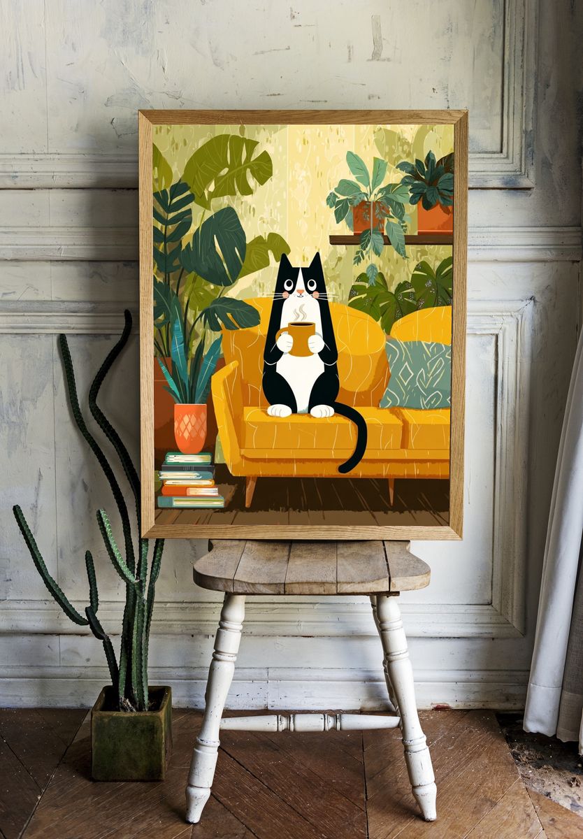 Cozy Cat with Coffee — Illustration Print. — room view 1