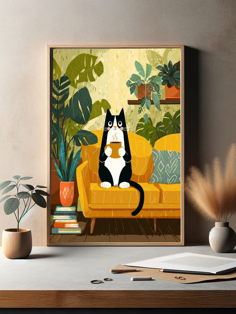 Cozy Cat with Coffee — Illustration Print. — room view 2