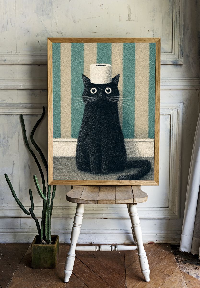 Black Cat with Toilet Paper Roll Print. room preview