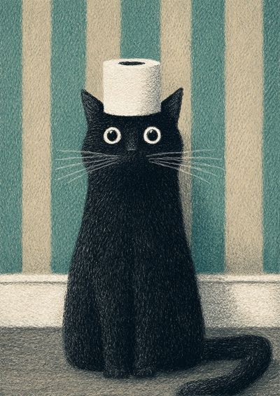 Black Cat with Toilet Paper Roll Print. poster