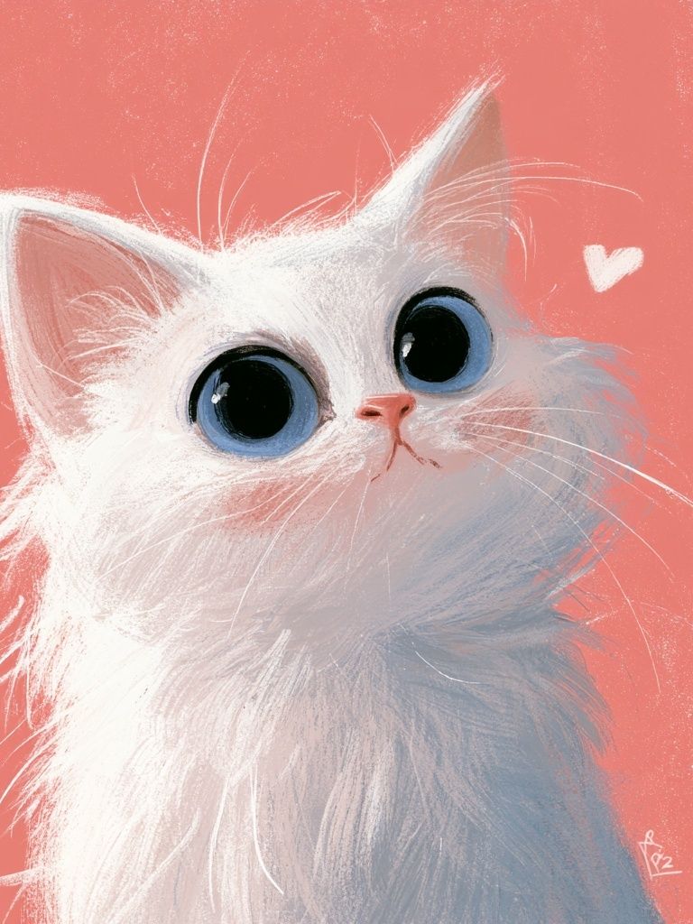 White Kitten Portrait Illustration Poster. poster detail