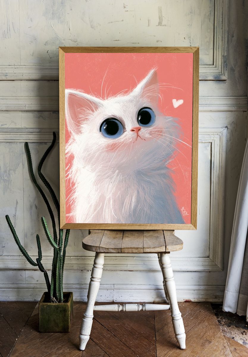 White Kitten Portrait Illustration Poster. room preview