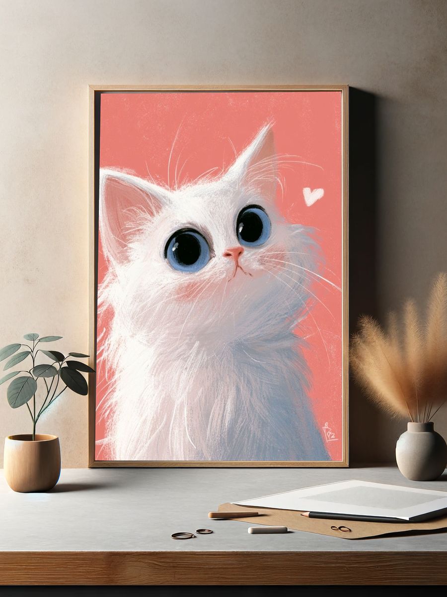 White Kitten Portrait Illustration Poster. — room view 2