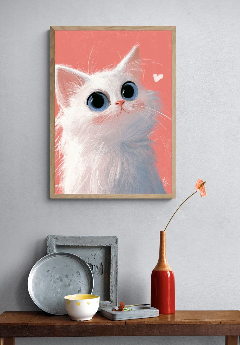 White Kitten Portrait Illustration Poster. — room view 3