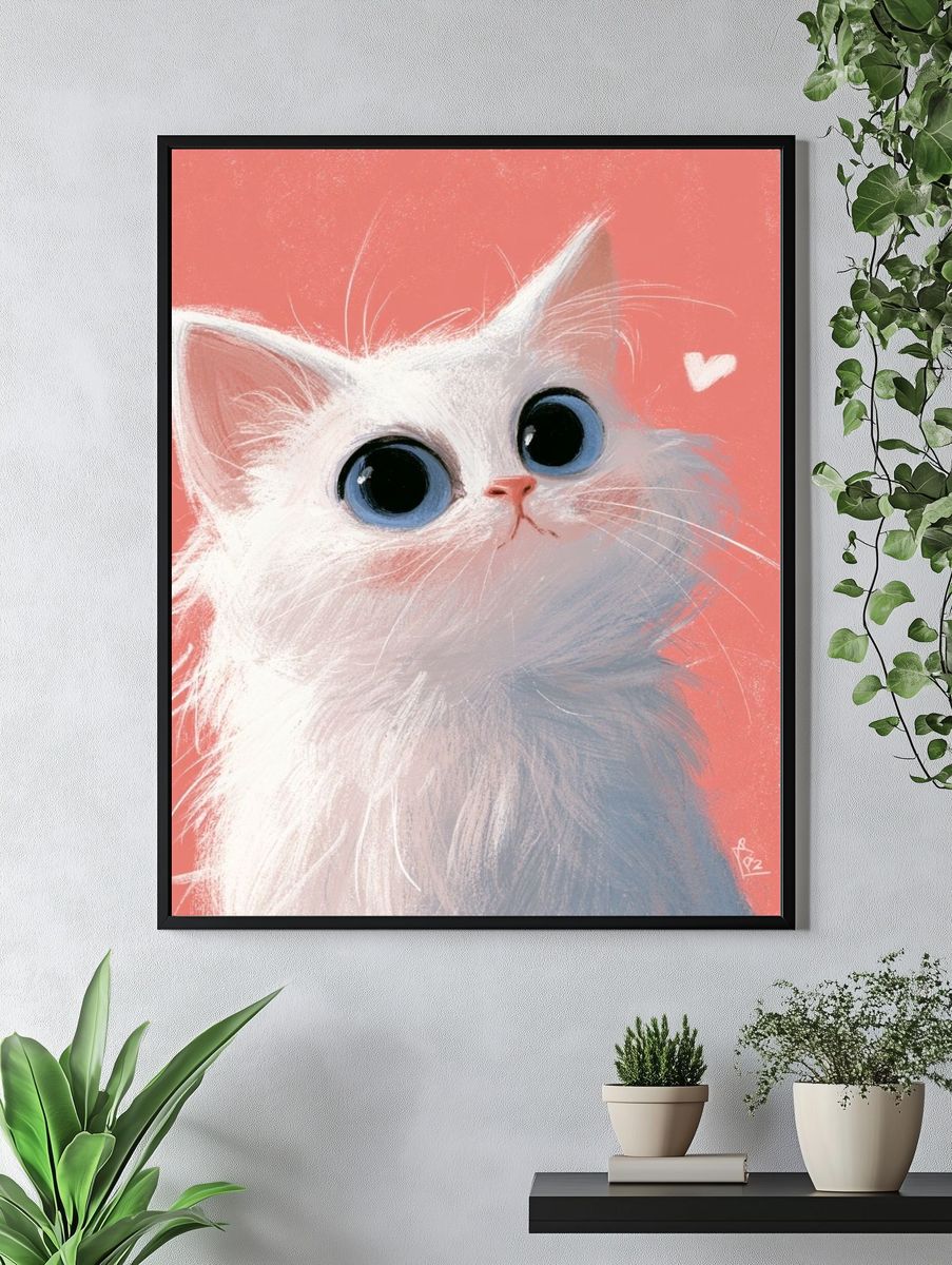 White Kitten Portrait Illustration Poster. — room view 4