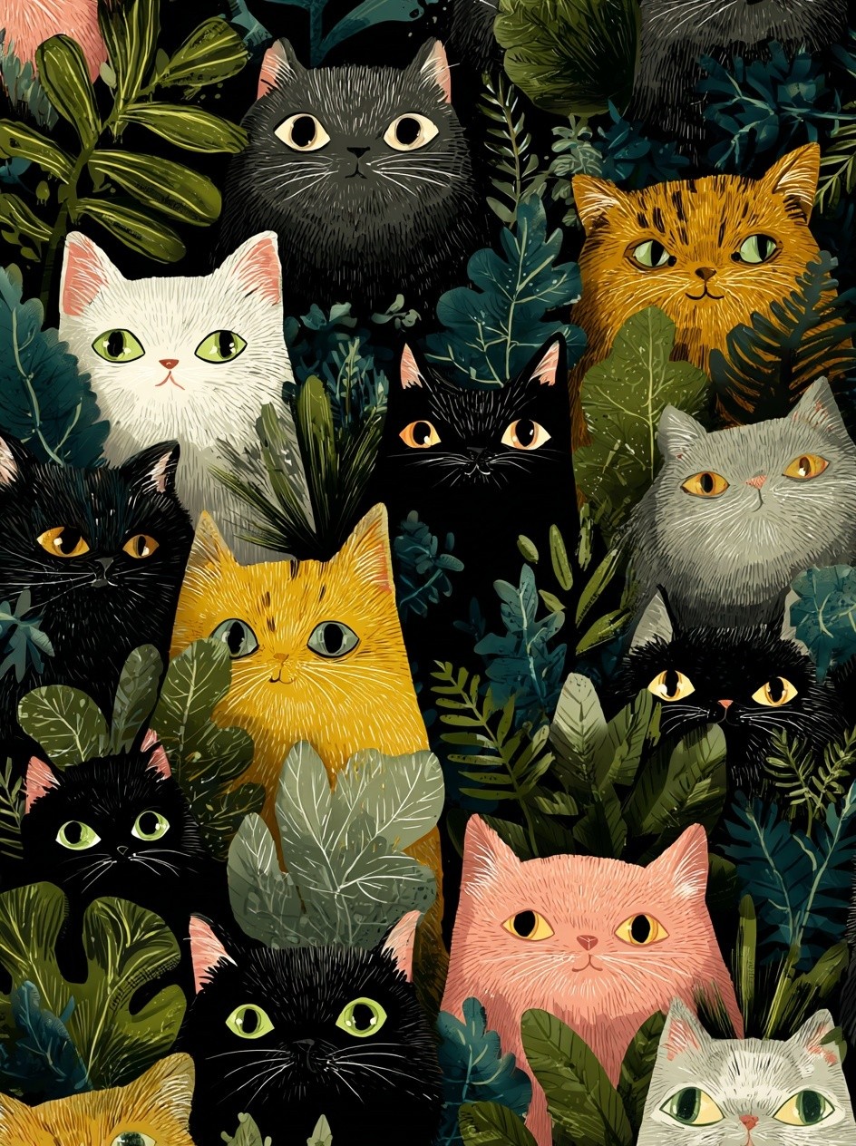 Colorful Cats in Jungle — Illustration Print. poster — illustration art