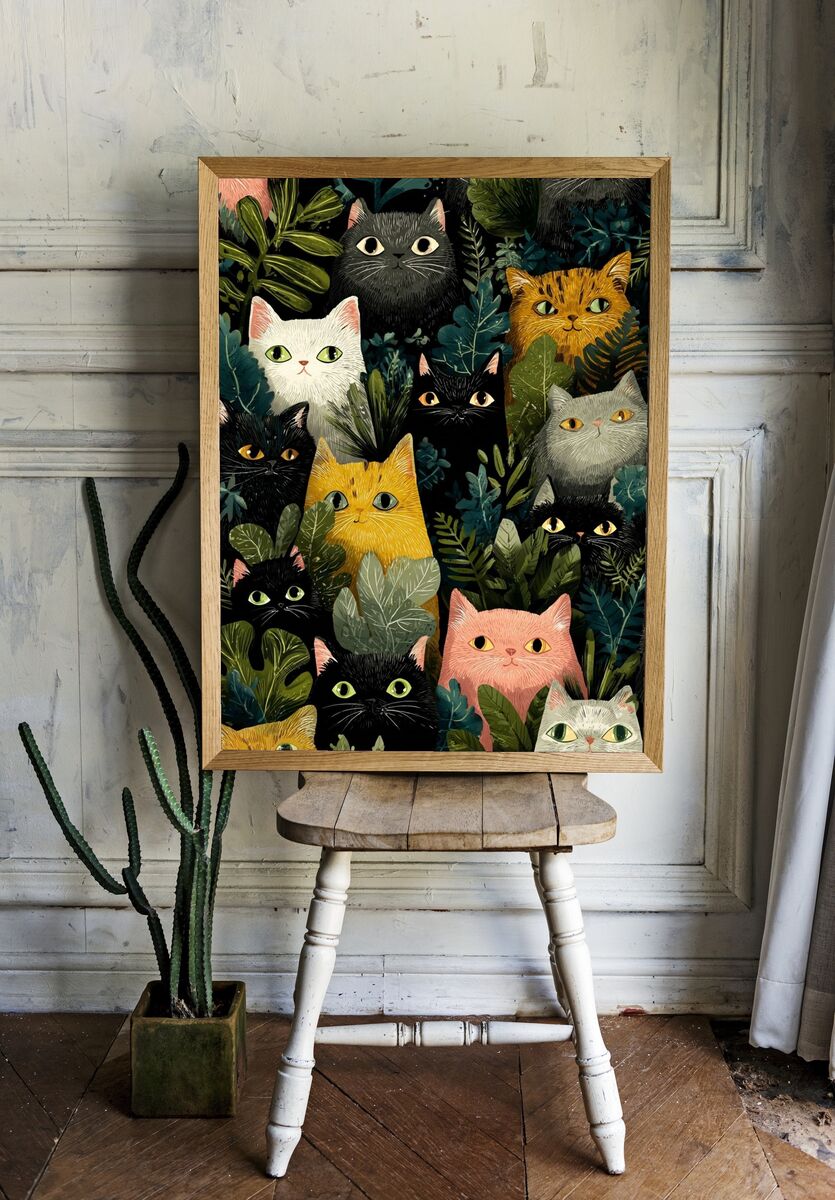 Colorful Cats in Jungle — Illustration Print room preview