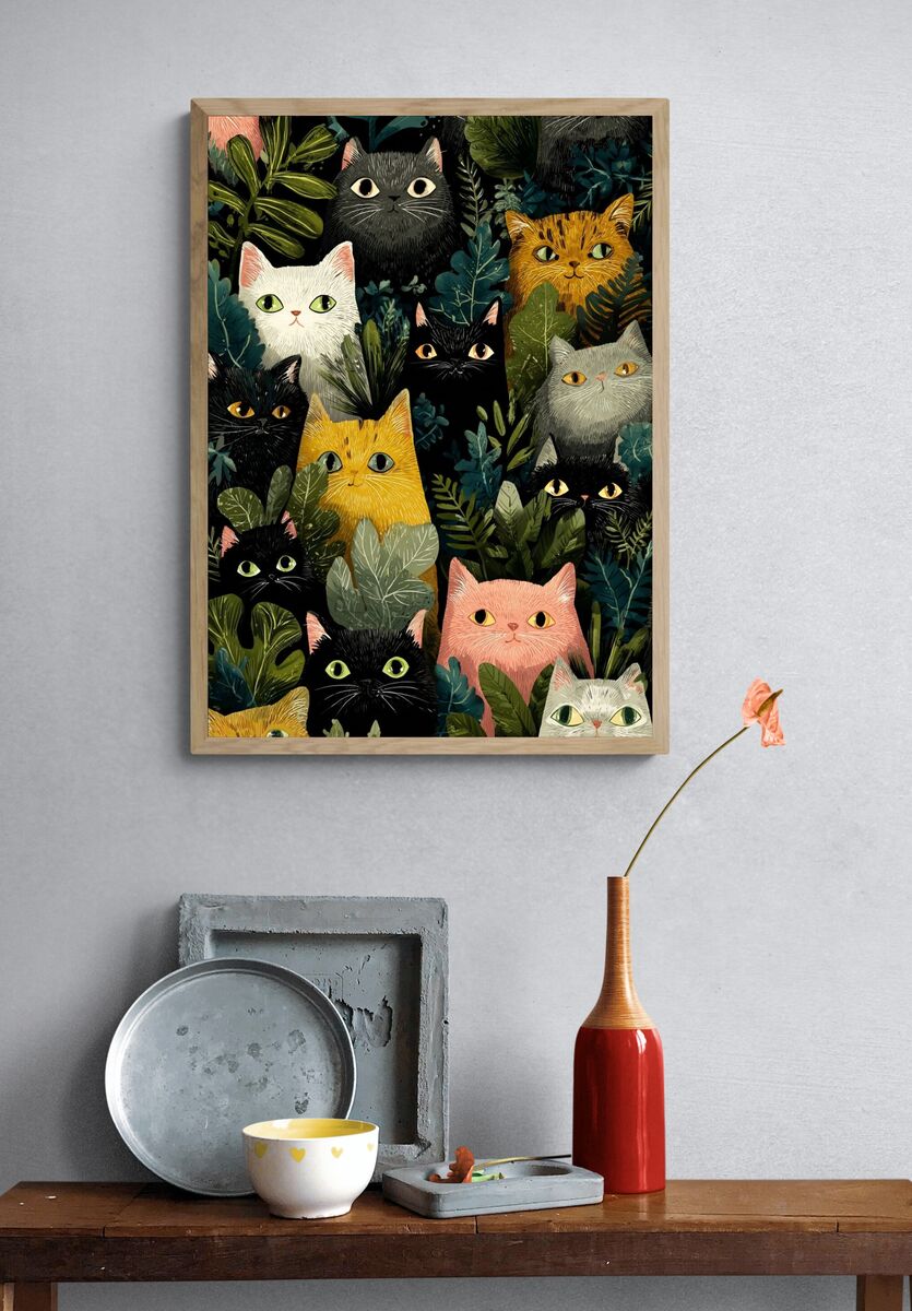 Colorful Cats in Jungle — Illustration Print. — room view 3