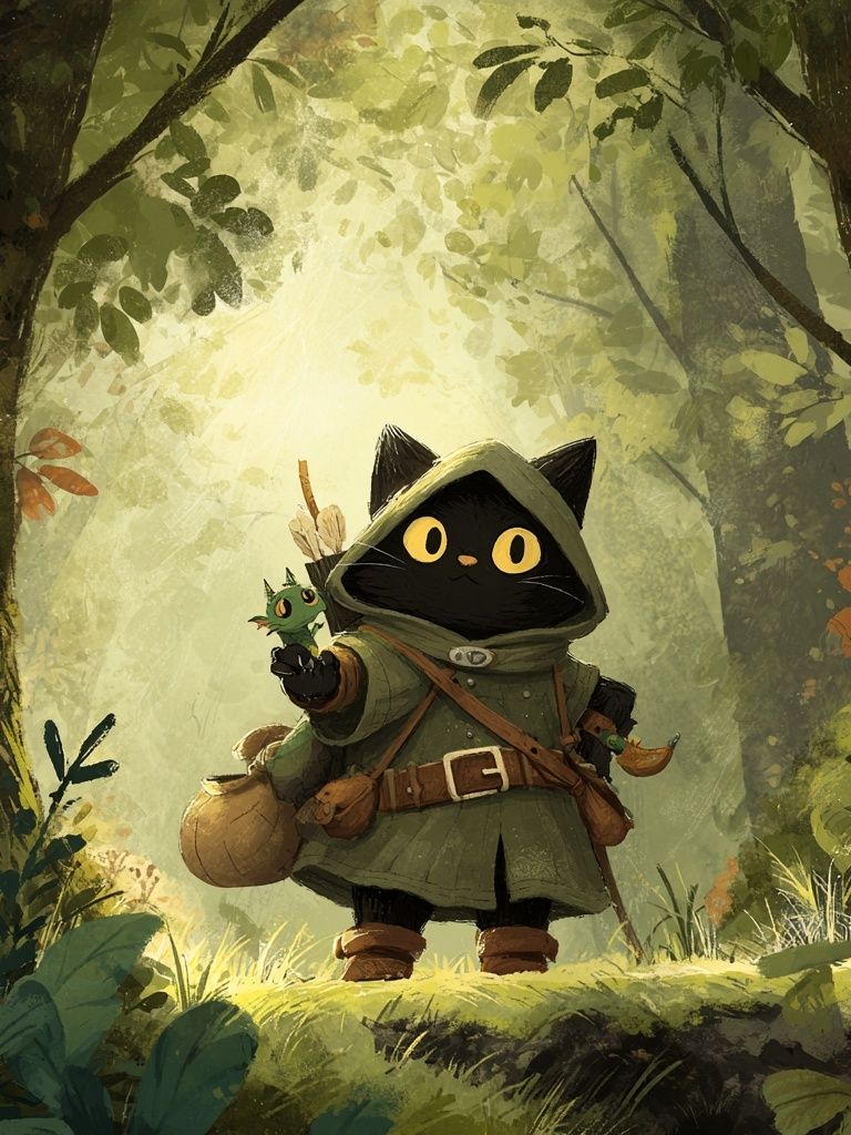 Adventurous Cat in Forest — Illustration Print. poster — illustration art