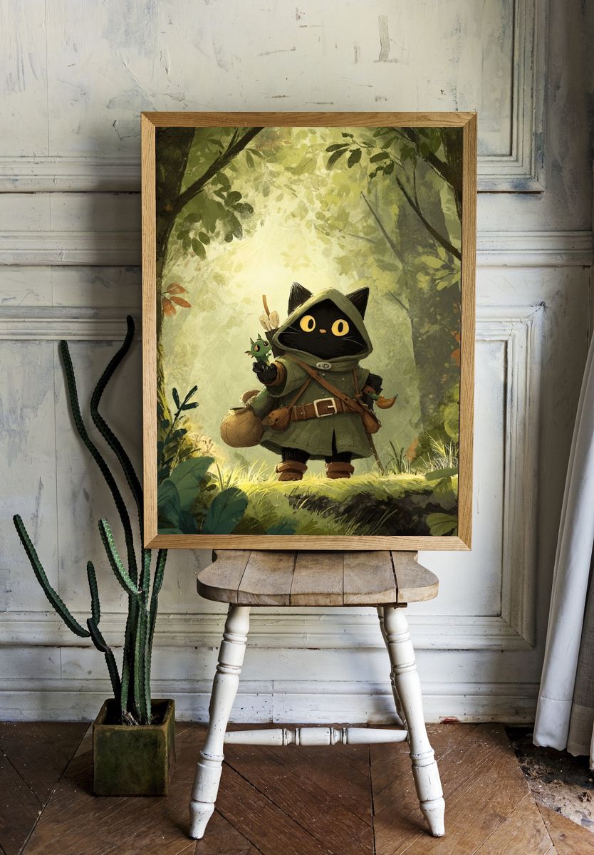 Adventurous Cat in Forest — Illustration Print. — room view 1